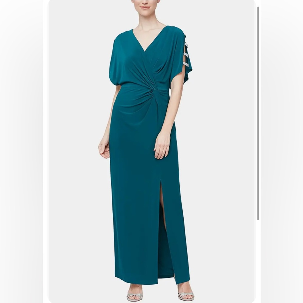 Alex Evenings Dress Gown Emerald Green Embellished Cut Out Sz 14